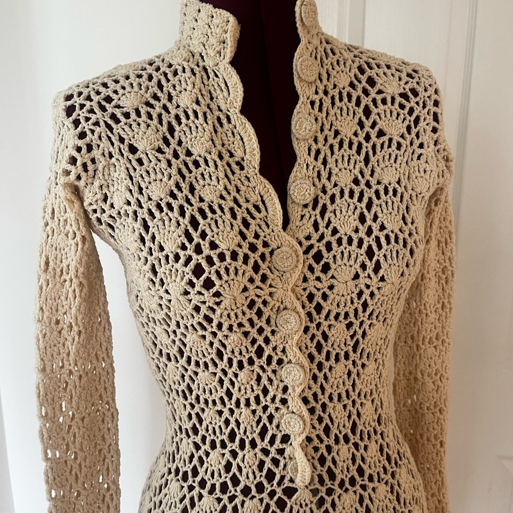 SOLD Vintage 1970's Crochet Dress - 70's Cream Crochet Net Dress - Boho